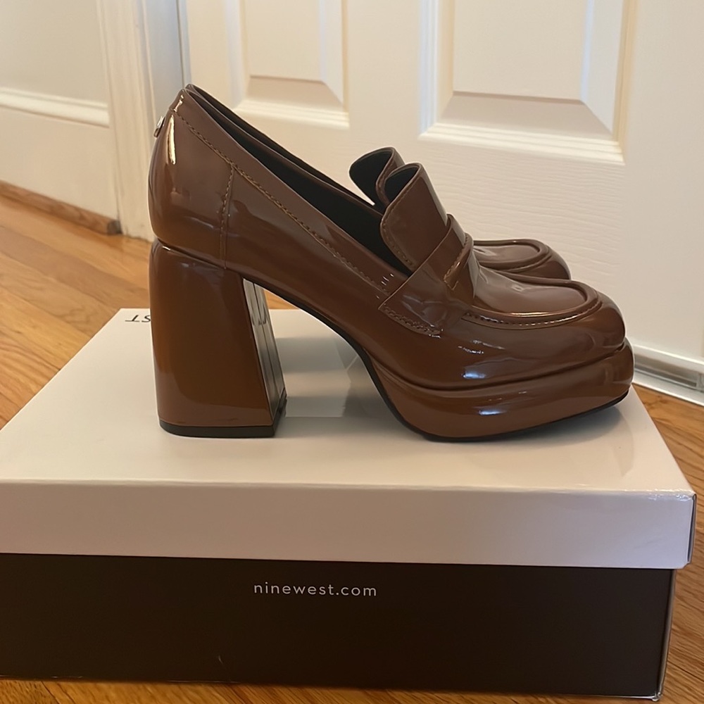 Nine West Brown Patent Leather Platform Loafers